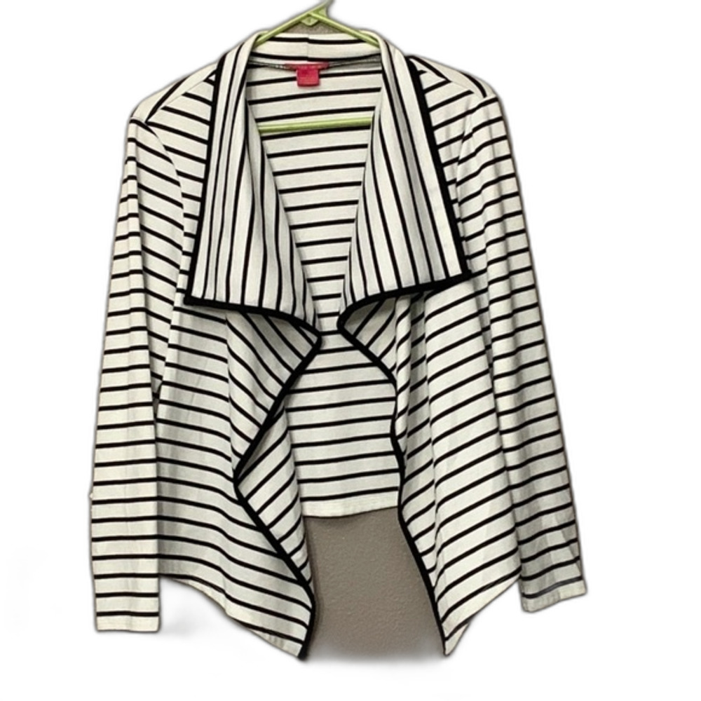 Sunny Leigh Black and White Striped open front Drape Cardigan Large